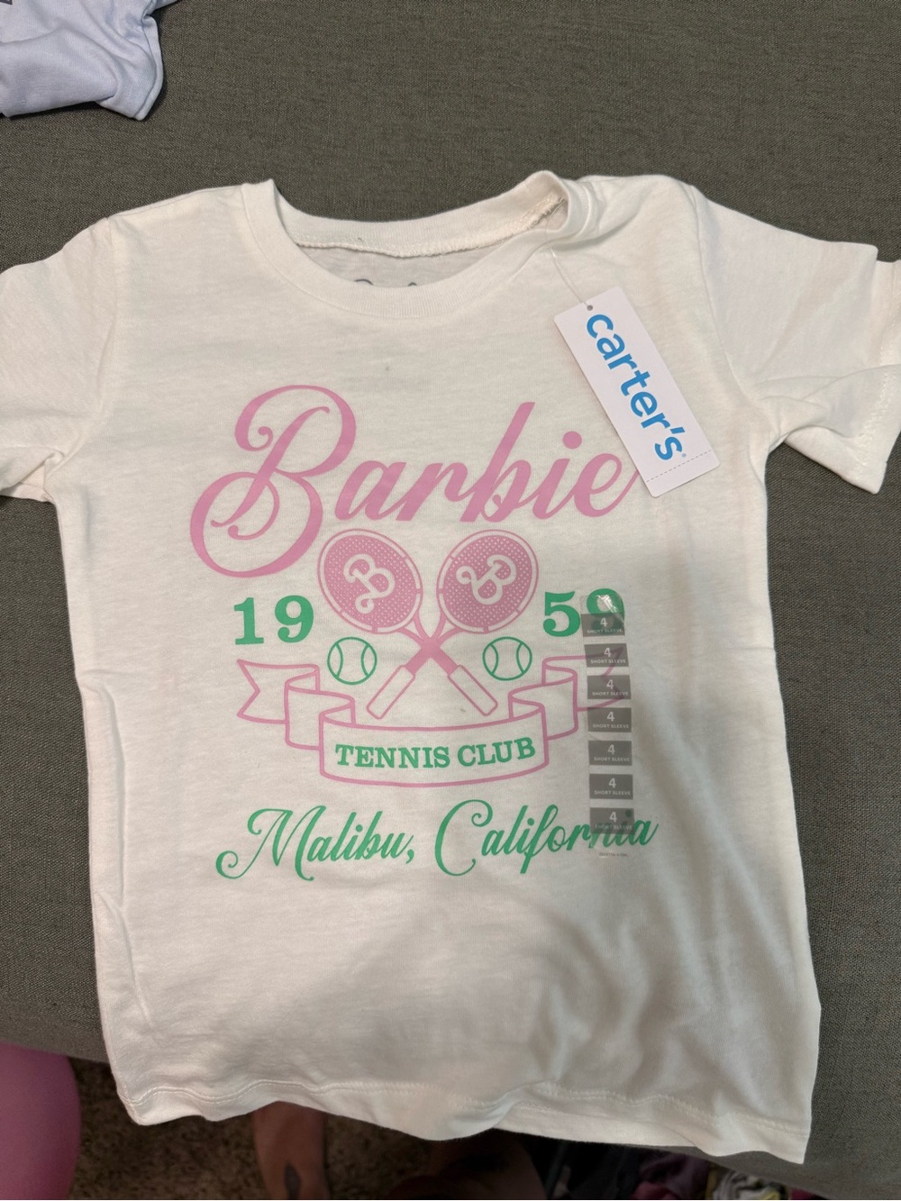 Barbie White Tee with Pink & Green Tennis Graphics